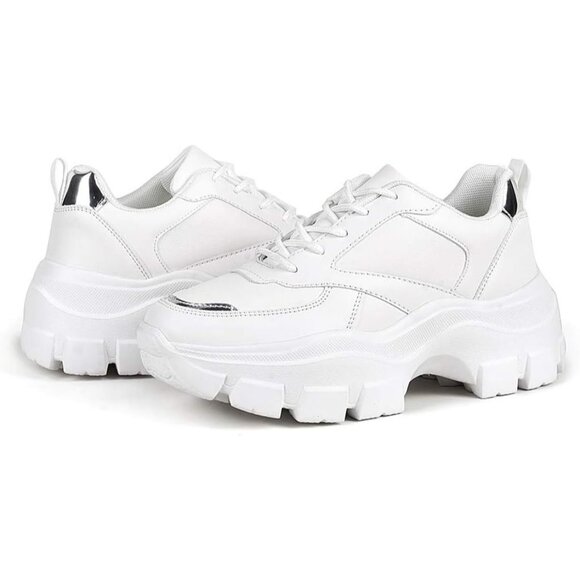 Lucky Step Women's White Silver Platform Dad Casual Lace Up Walking Sneakers - Picture 5 of 8